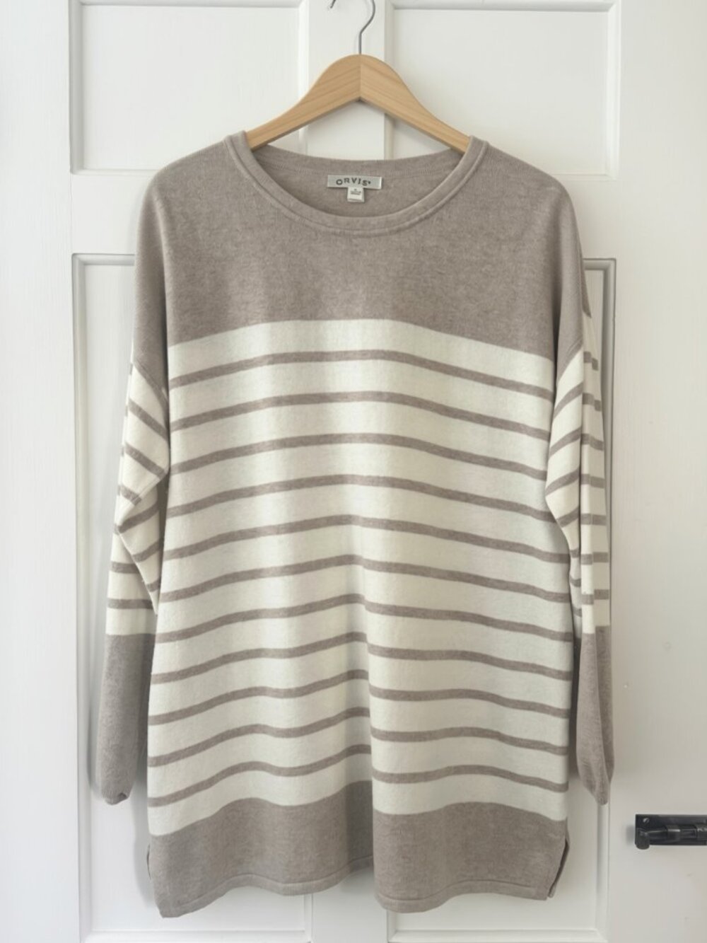 Orvis Cotton Cashmere Silk Blend Striped Tunic Sweater M Neutral Pullover